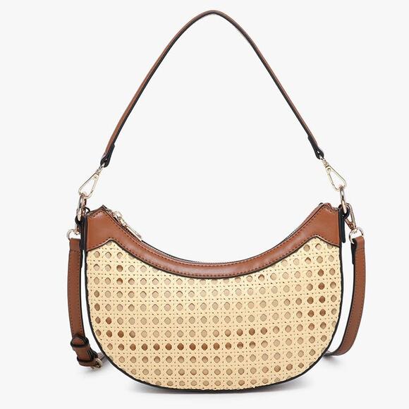 Daisy Crescent Rattan Crossbody with Vegan Leather Contrast Natural Brown - Picture 1 of 2